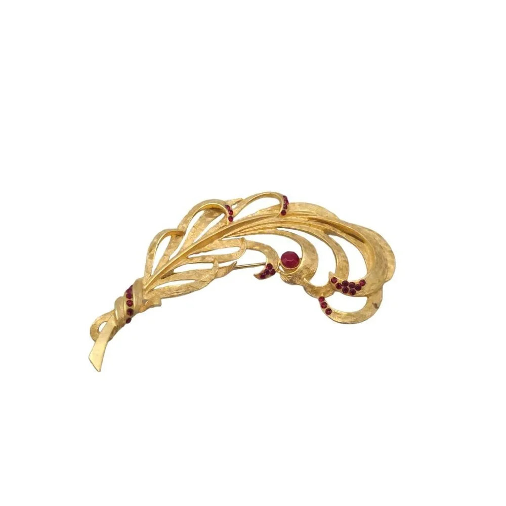 Large Red Rhinestone Feather Brooch Pin Gold Tone Vintage